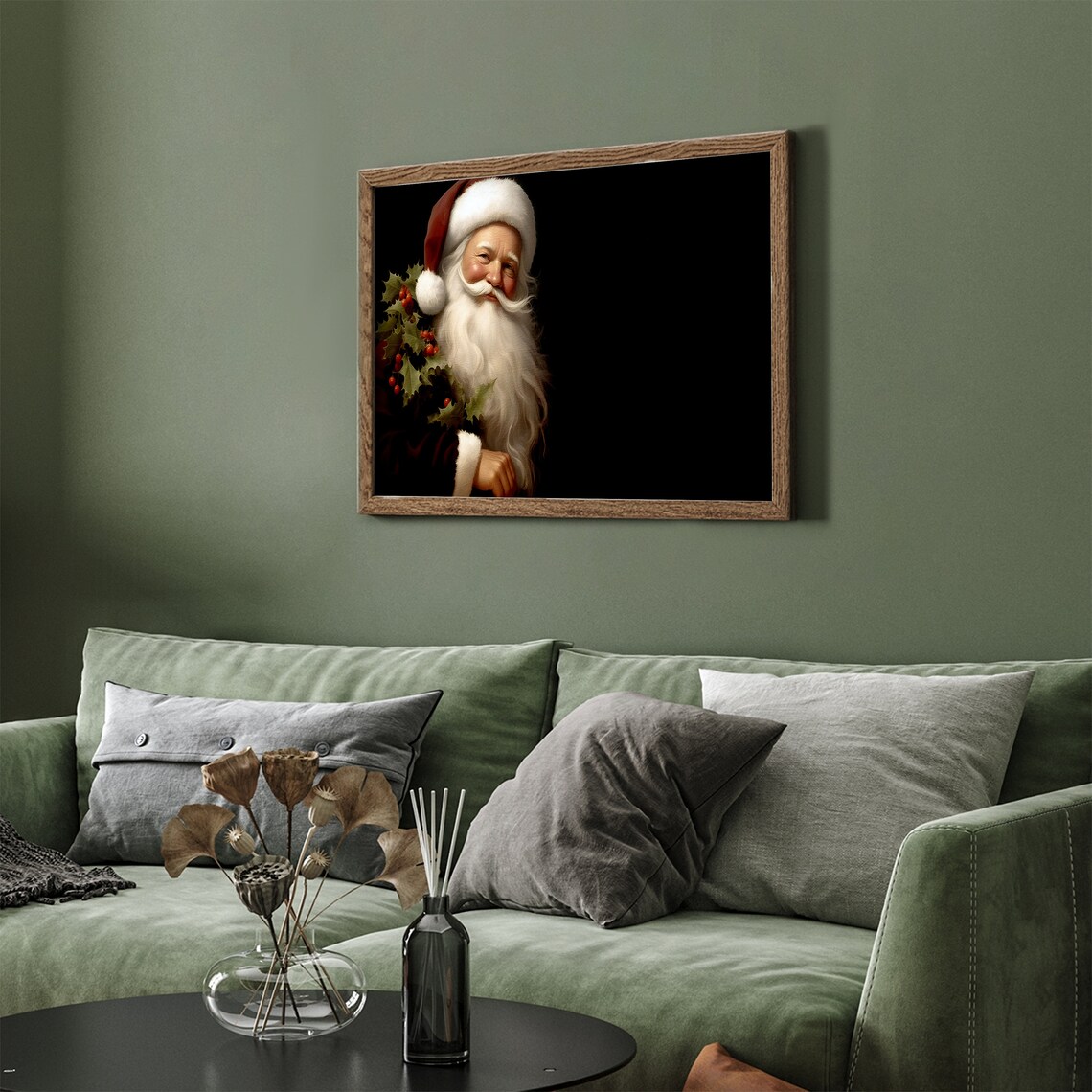 Santa Claus Portrait With Holly Dark Vintage Christmas Poster - Image 4