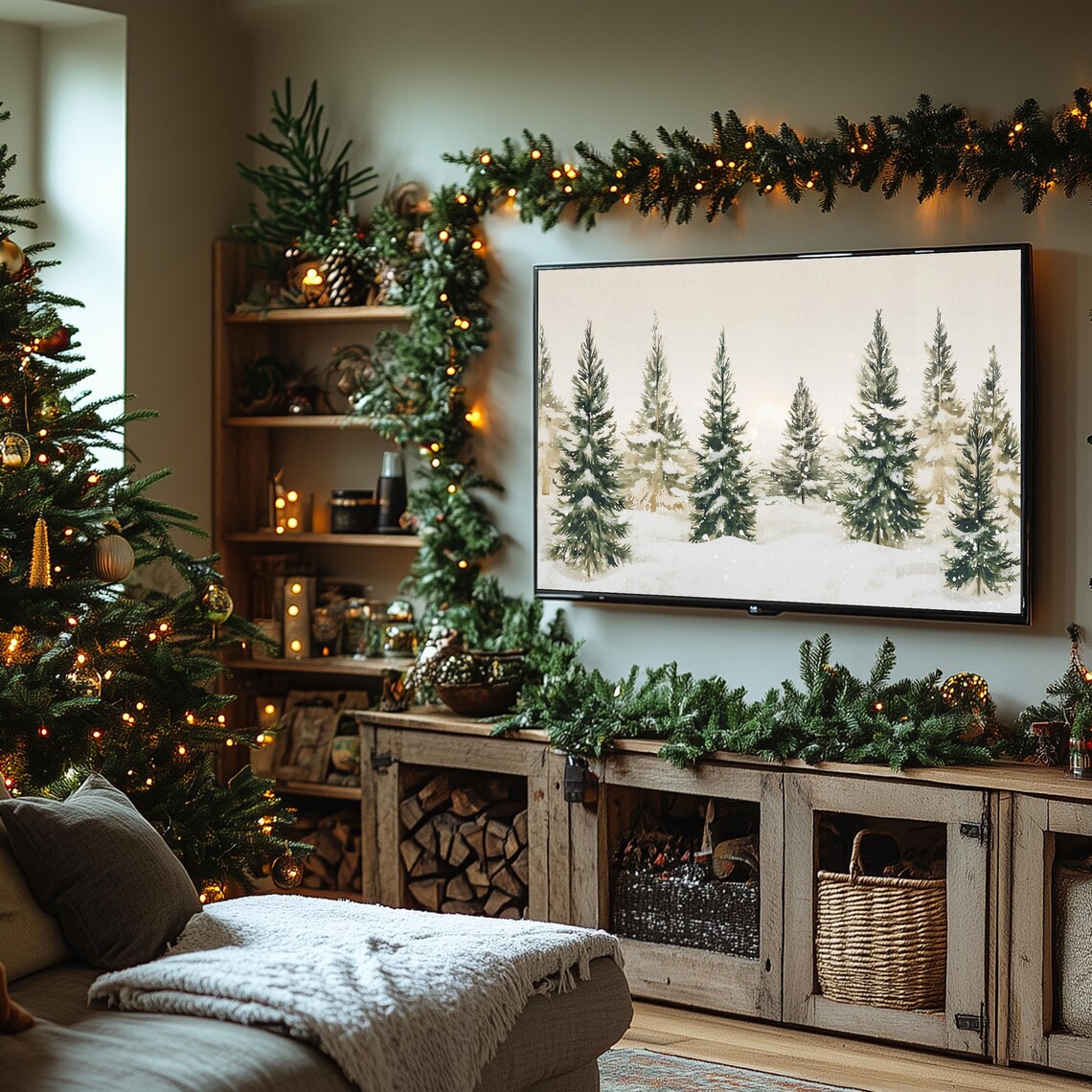 Snowy Pine Trees Watercolor Frame TV Art Winter Forest Minimal Poster - Image 7