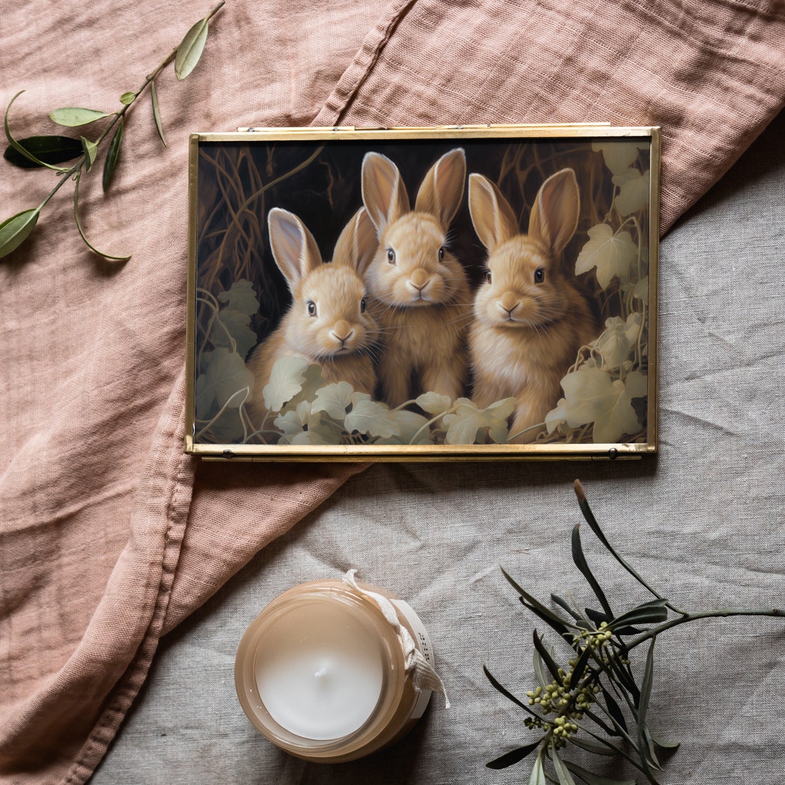 Three Baby Bunnies In Dark Ivy Moody Spring Rabbit Family Poster - Image 5