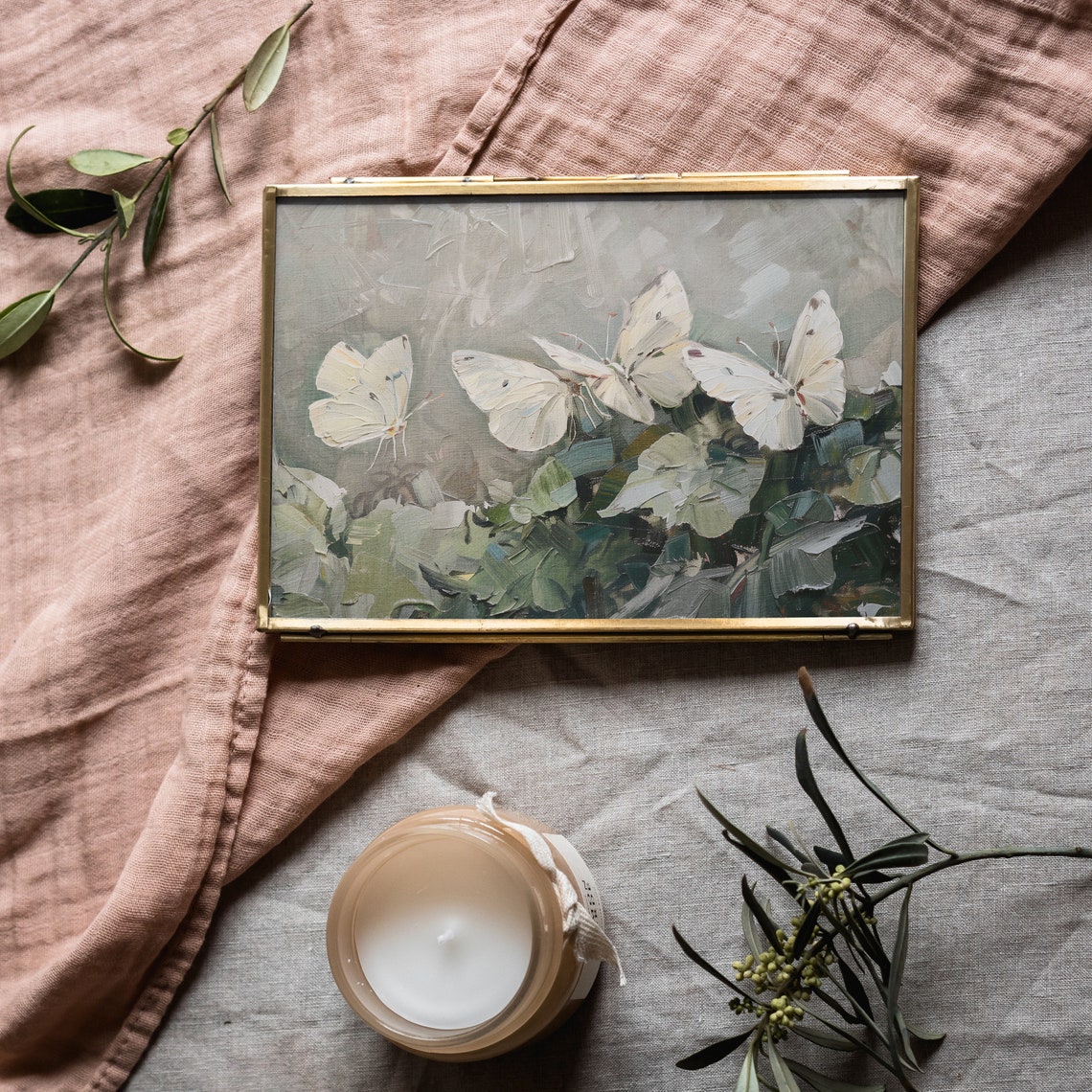 White Butterflies Over Green Foliage Soft Painterly Art Poster - Image 2