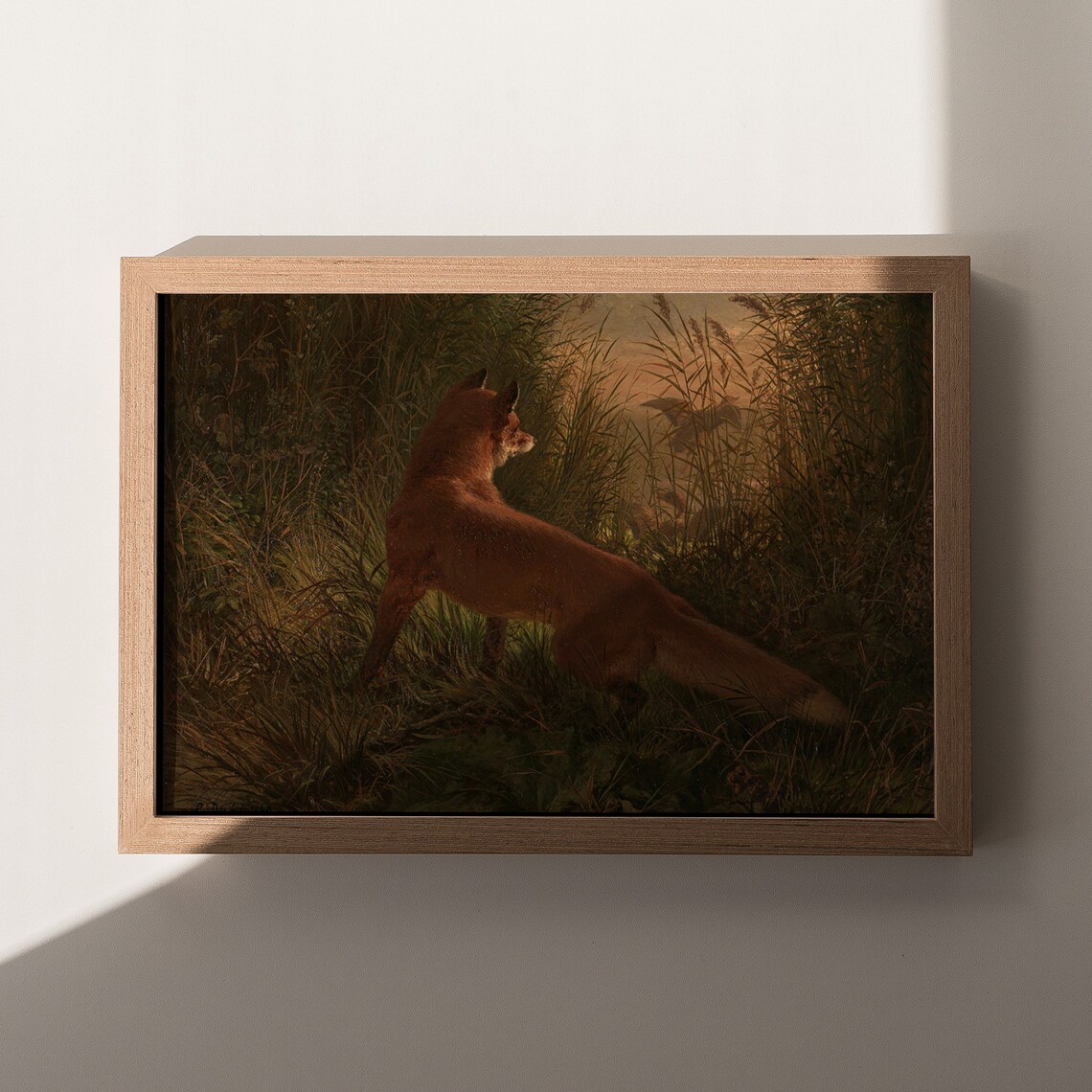 Red Fox Pouncing Through Tall Grass At Dusk Moody Woodland Oil Poster - Image 6