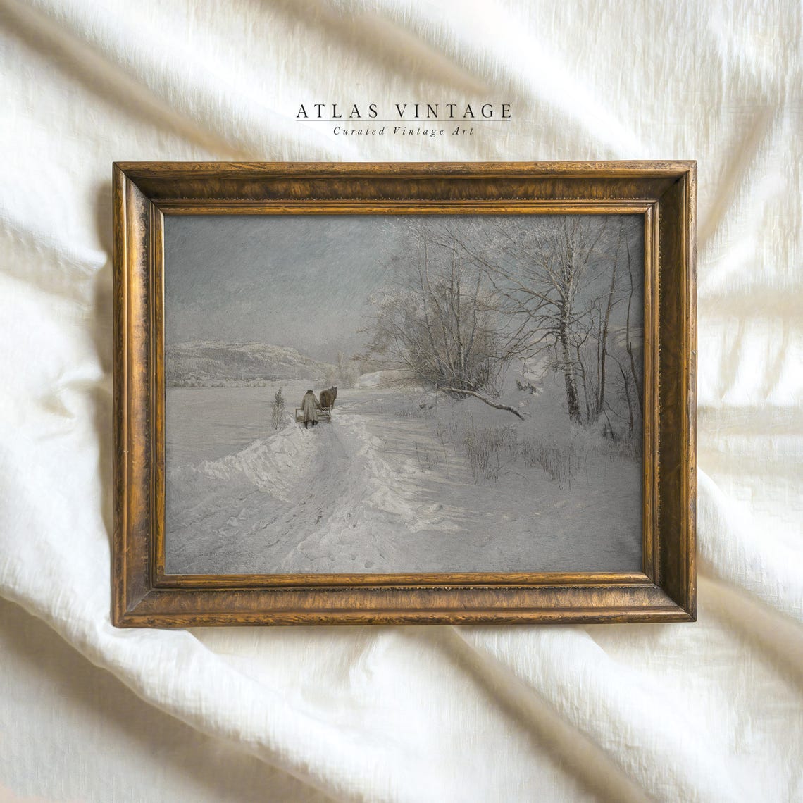Winter Horse and Traveler on Snowy Path Vintage Moody Landscape Poster