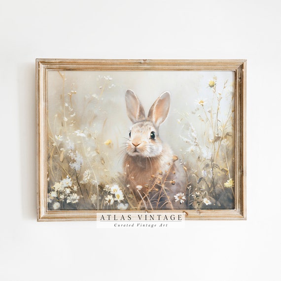 Easter Bunny Vintage Print Hare In Summer Meadow Painting Rustic Spring Decor Rabbit Nursery Wall Art Neutral Moody Landscape