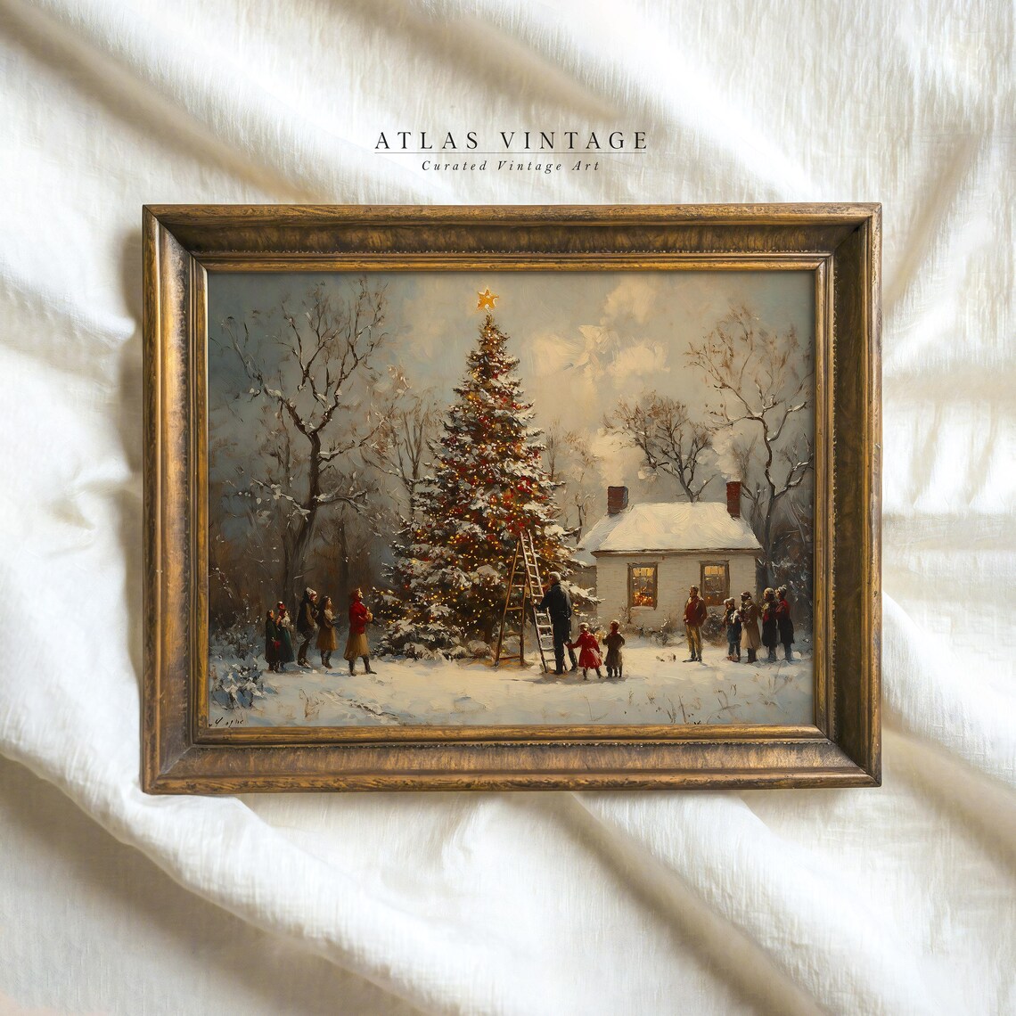 Snowy Christmas Tree Lighting Gathering Vintage Oil Painting Poster - Image 6