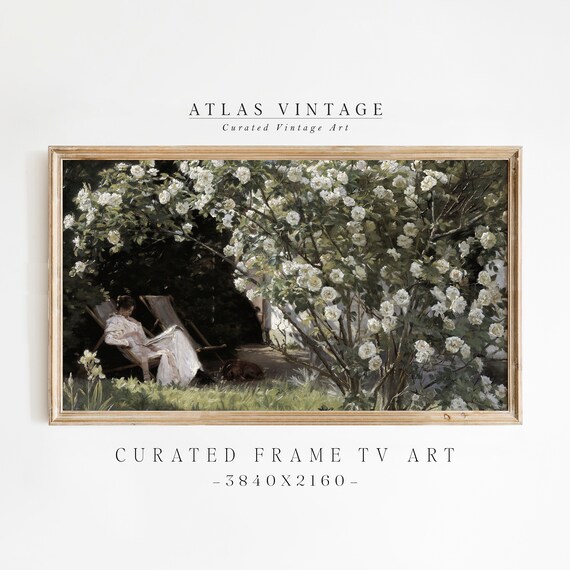 Vintage Woman Reading in Rose Garden Poster White Roses Summer