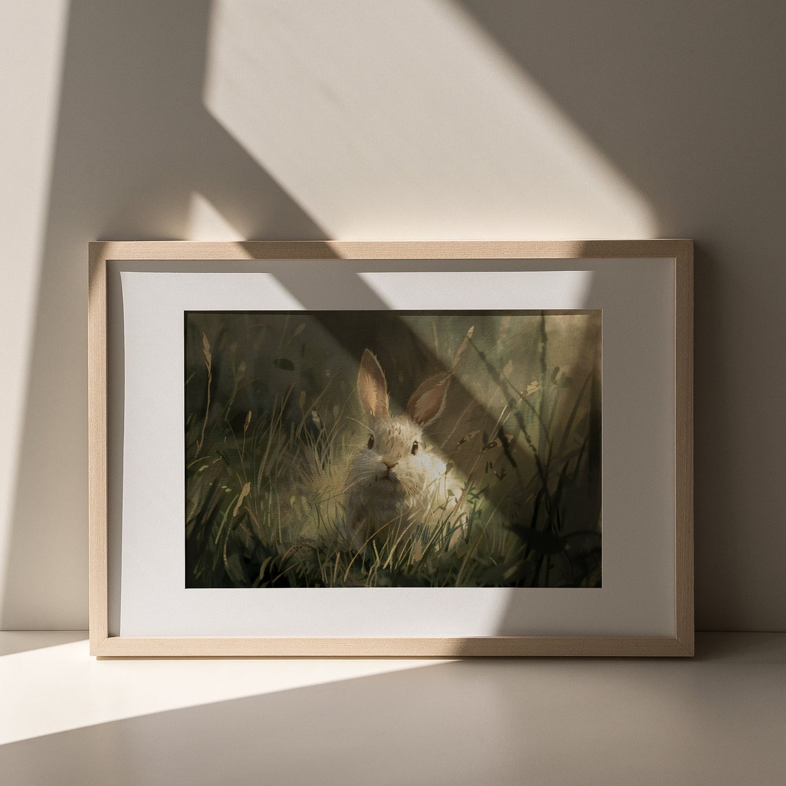 White Rabbit Resting in Sunlit Meadow Wild Grass Nature Poster - Image 5