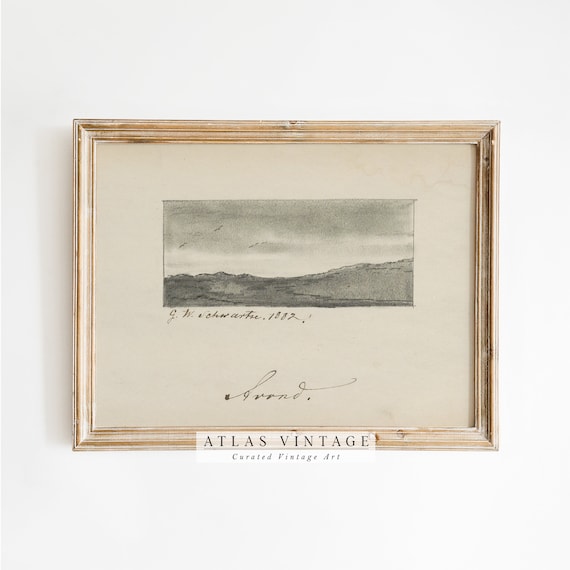 Antique 1882 Landscape Sketch Pencil Study Birds Over Hills Art Poster
