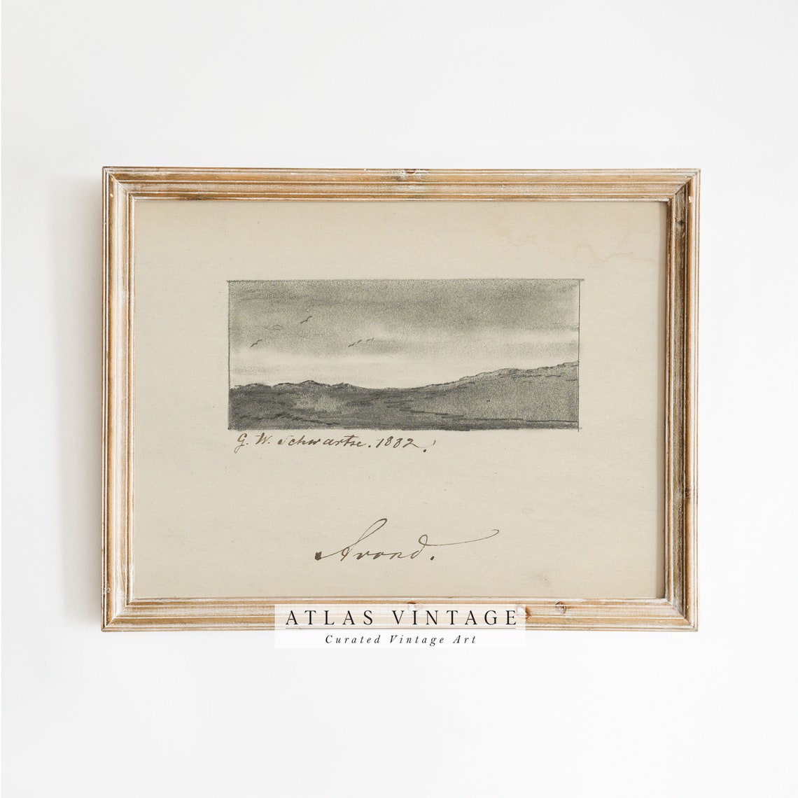 Antique 1882 Landscape Sketch Pencil Study Birds Over Hills Art Poster
