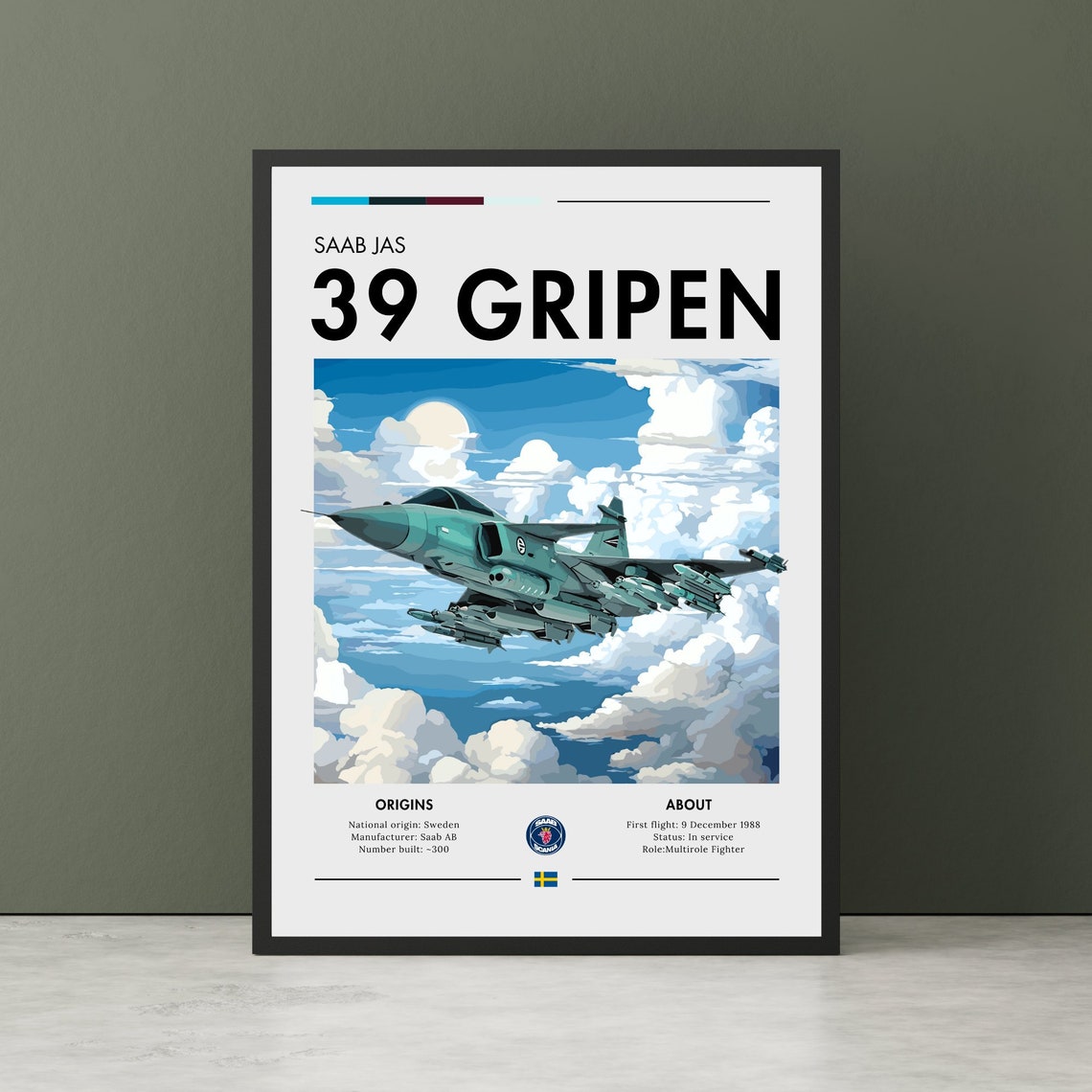 Saab JAS 39 Gripen Swedish Multirole Fighter Jet Aviation Poster