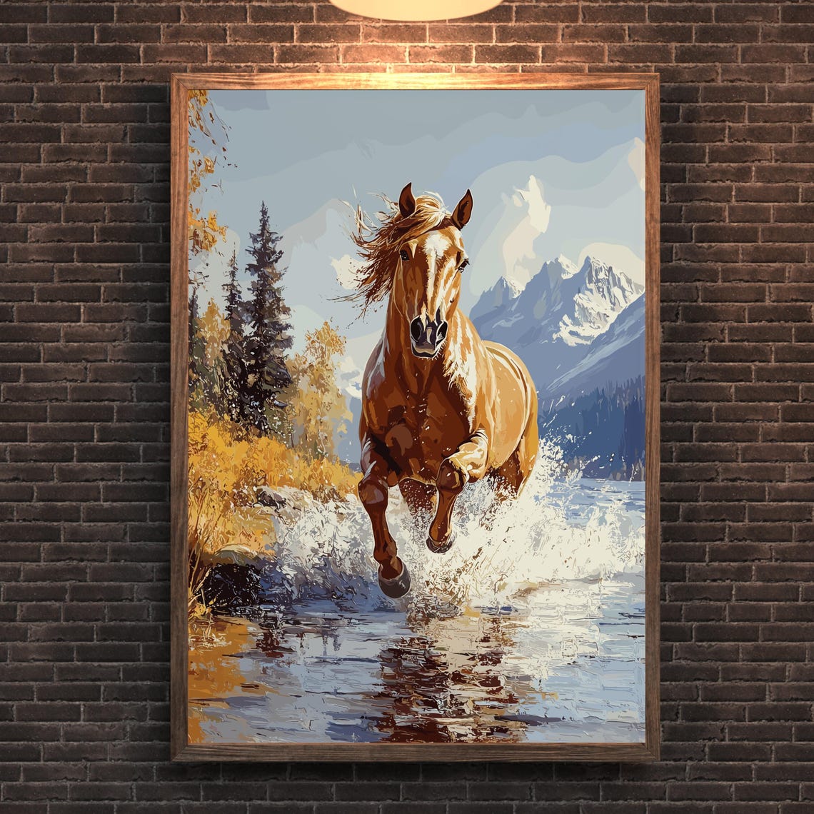 Chestnut Horse Galloping Through A Mountain River Vintage Poster