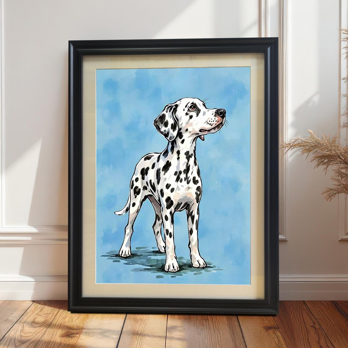 Dalmatian Dog Standing on Blue Watercolor Background Art Poster