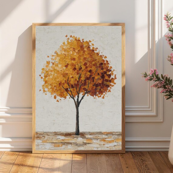 Golden Autumn Tree Textured Impasto Fall Foliage Minimalist Wall Art