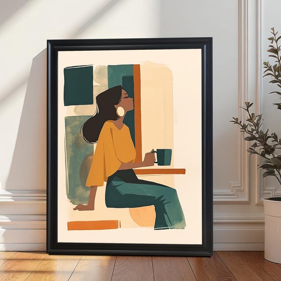 Woman With Coffee Wood Framed Wall Art Print Modern Abstract Poster Midcentury Boho Decor Giclee Minimalist Living Room