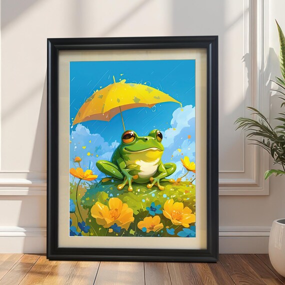 Cute Green Frog With Yellow Umbrella Rain Flowers Art Poster