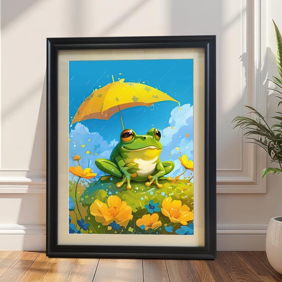 Frog With Umbrella Framed Art Print Whimsical Nursery Decor