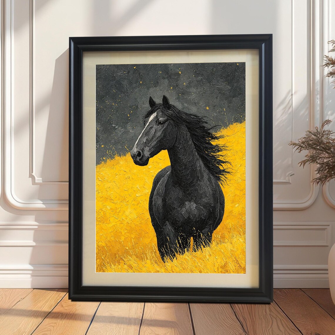 Majestic Black Horse In Golden Wheat Field Impasto Painting Poster