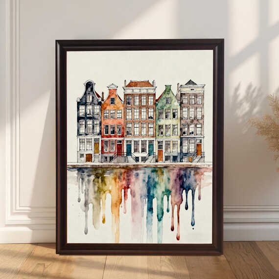 Colorful Cityscape Watercolor Art Print European Travel Theme Wood Frame Wall Decor