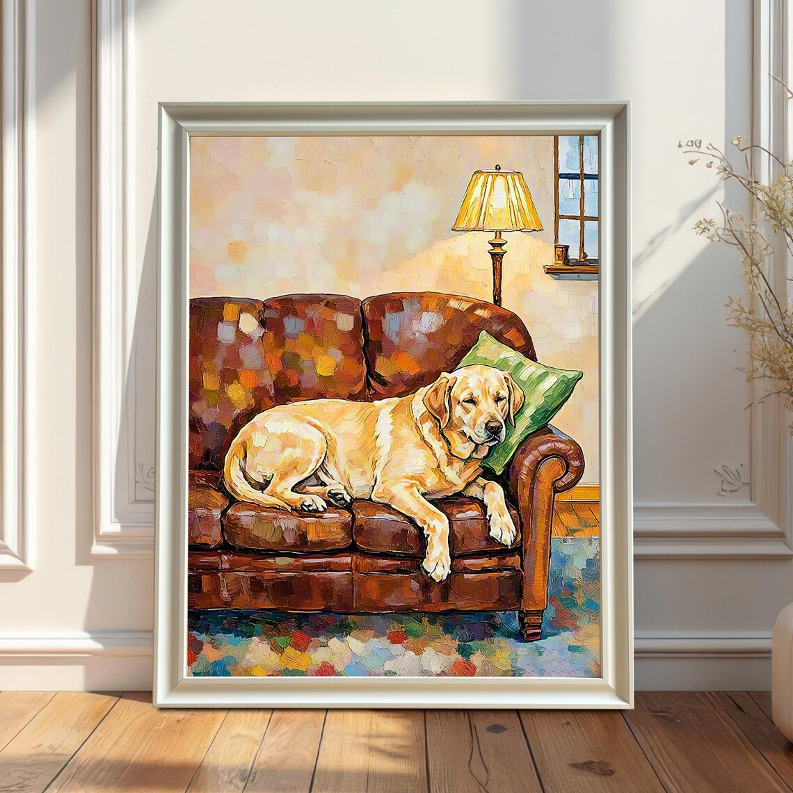 Yellow Labrador Retriever Napping on Leather Couch Oil Painting Poster