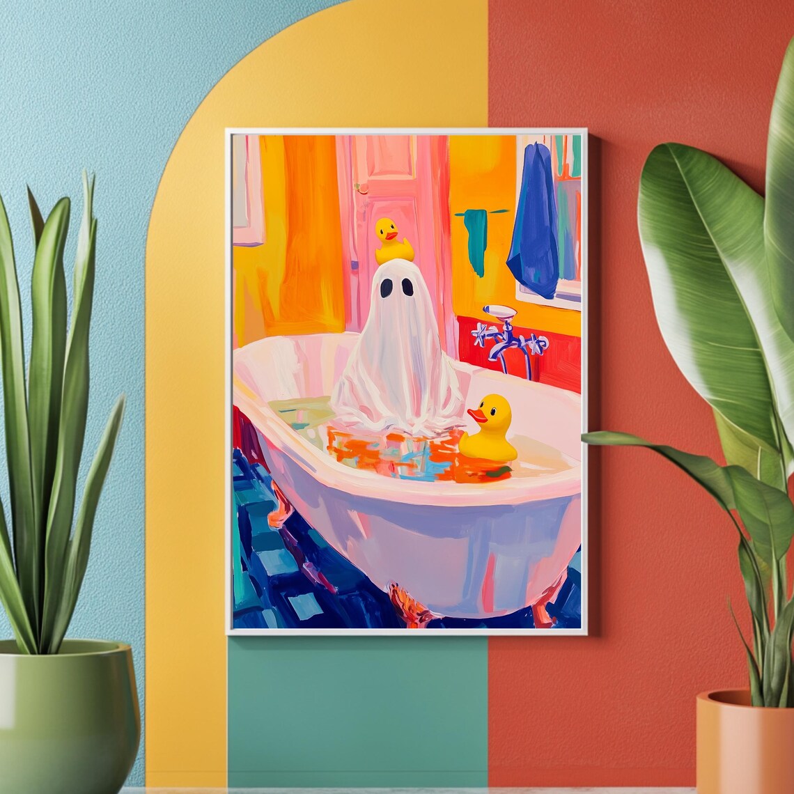 Cute Ghost Taking A Bubble Bath With Rubber Ducks Art Poster