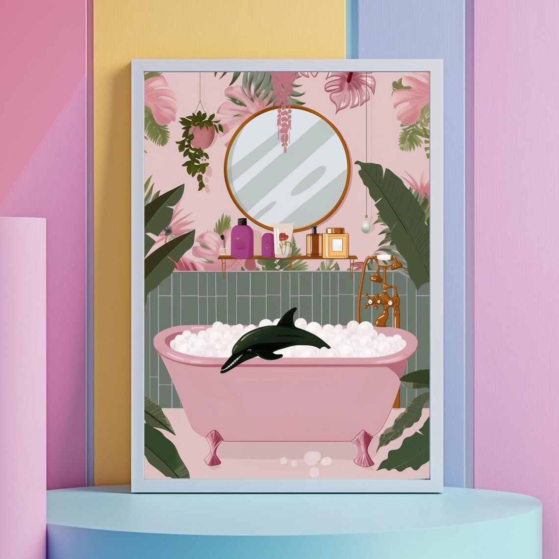 Dolphin In Pink Bathtub Funny Bathroom Animal Illustration Poster - Image 3