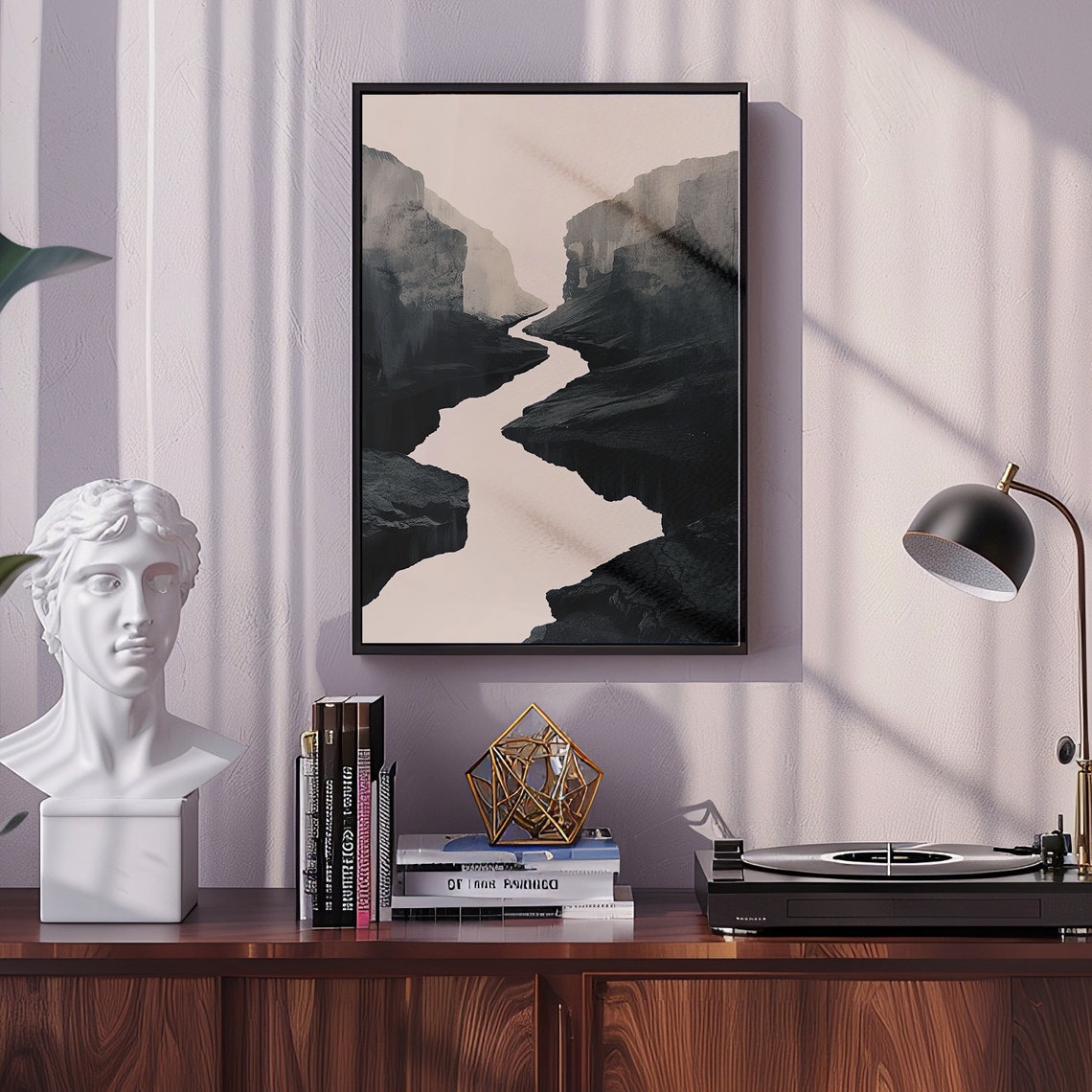 Winding River Flowing Through Dark Cliffs in Ink Wash Poster