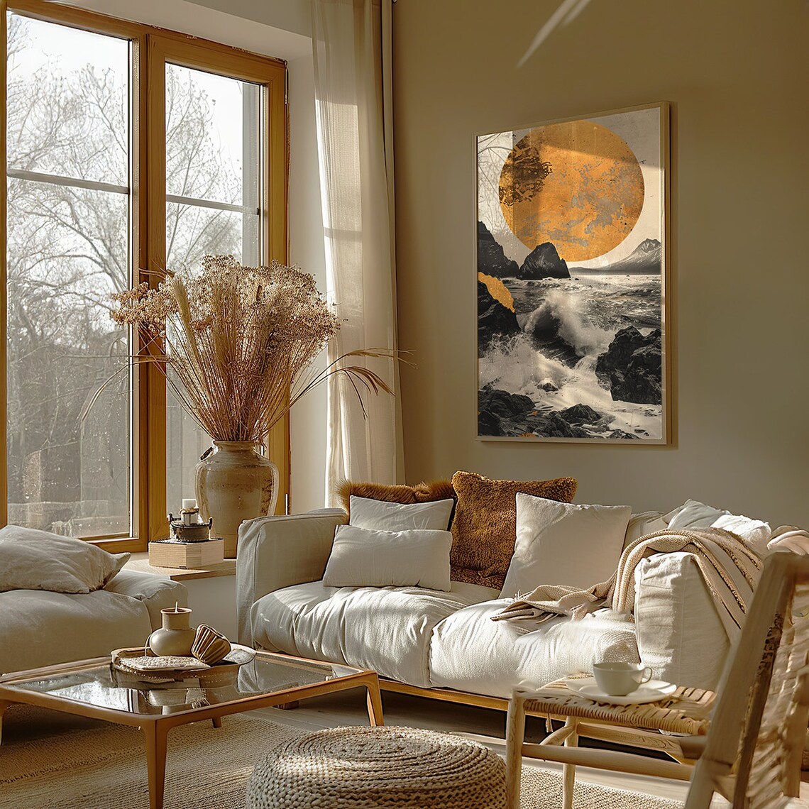 Golden Moon Rising Above Stormy Black Sea Rocks Wabi Sabi Poster - Image 2