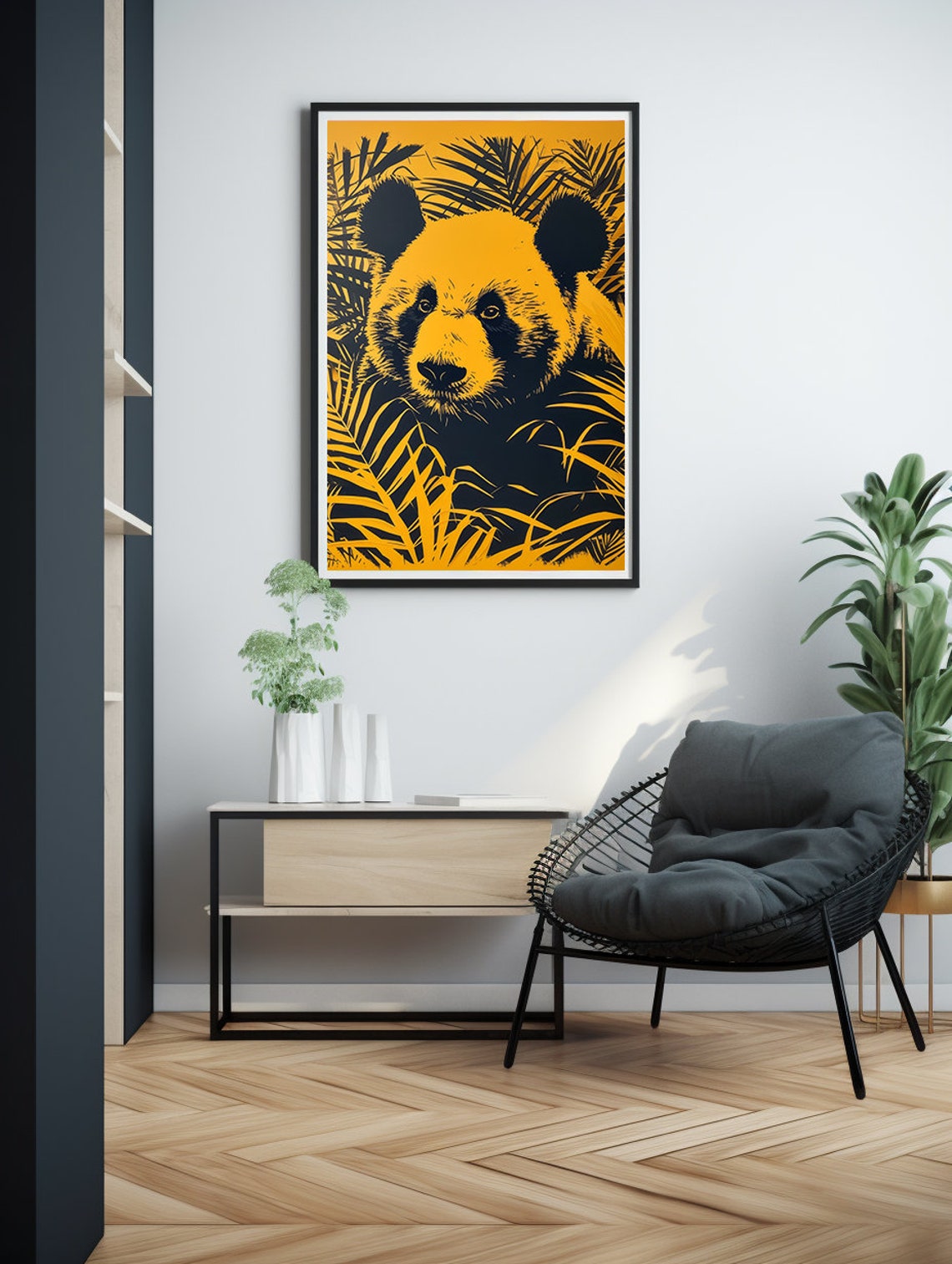 Bold Yellow and Black Pop Art Panda Head in Tropical Leaves Poster - Image 2