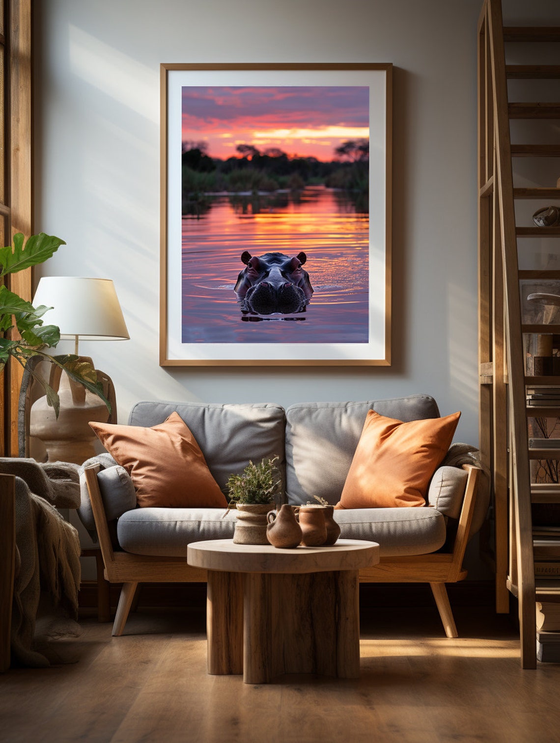 Lone Hippo Rising at a Pink Purple Sunset Over Still Water Poster - Image 4