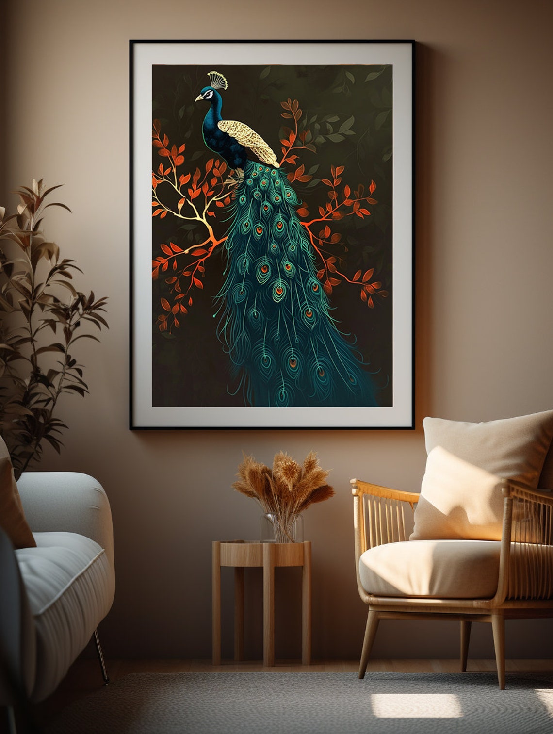 Teal Peacock Perched on a Scarlet Branch Against the Dark Poster