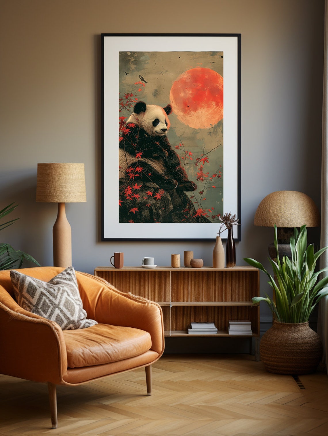 Panda Sitting on a Rocky Perch Beneath a Giant Glowing Red Moon Poster - Image 3