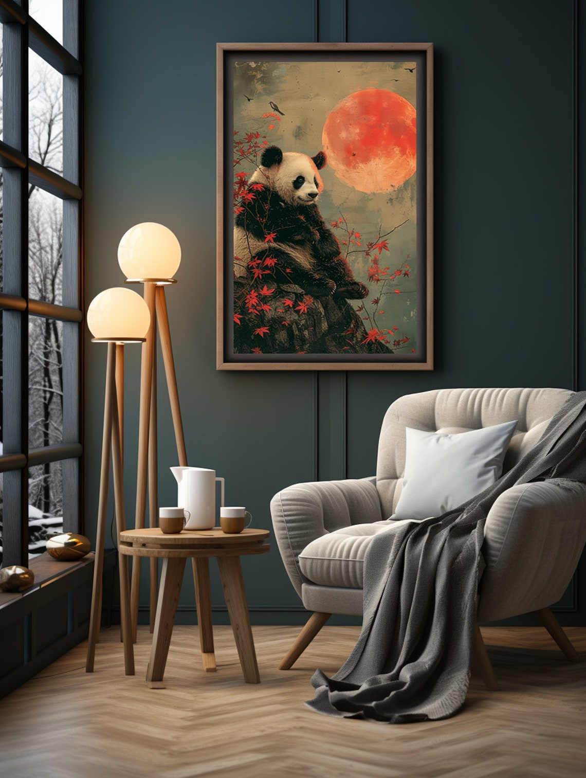 Panda Sitting on a Rocky Perch Beneath a Giant Glowing Red Moon Poster - Image 4