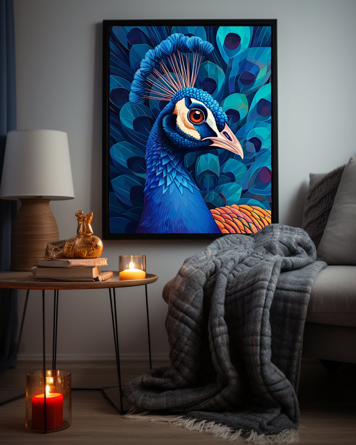 Vivid Blue Peacock Head in Striking Close-Up Portrait Poster