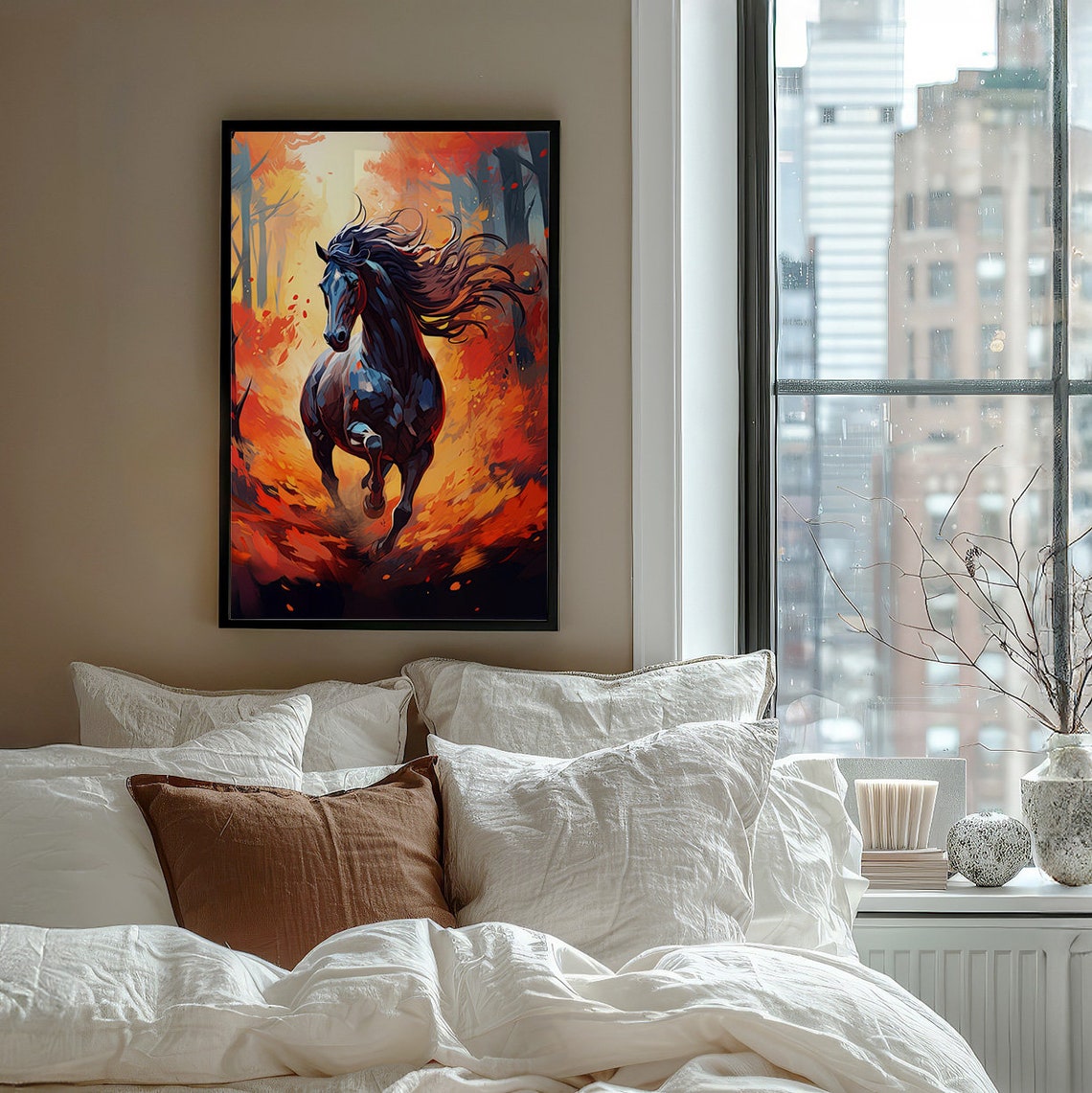 Black Horse Galloping Through a Blazing Autumn Fire Forest Poster - Image 7