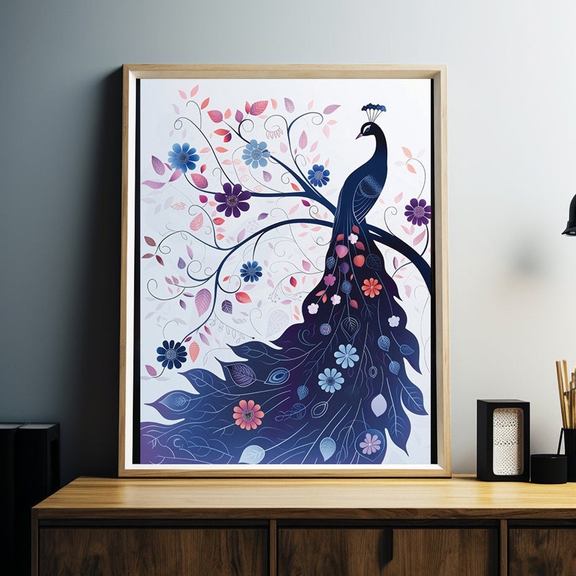 Indigo Peacock Silhouette Wrapped in Swirling Floral Vines Poster - Image 3