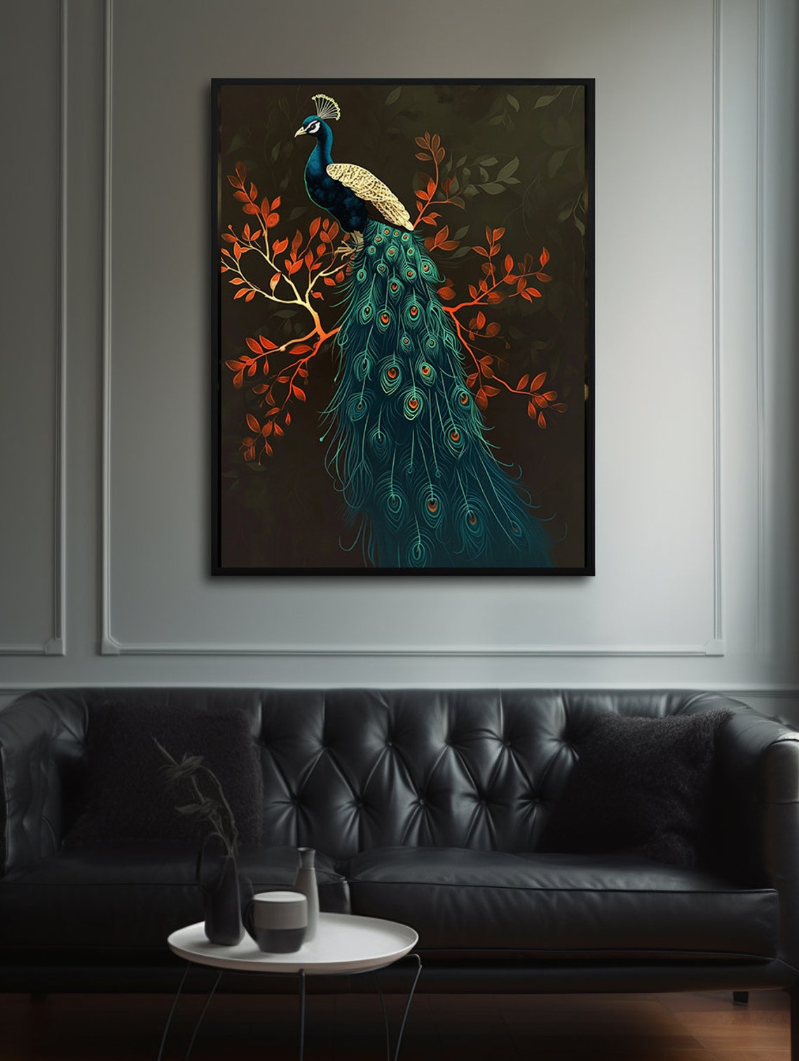 Teal Peacock Perched on a Scarlet Branch Against the Dark Poster - Image 2