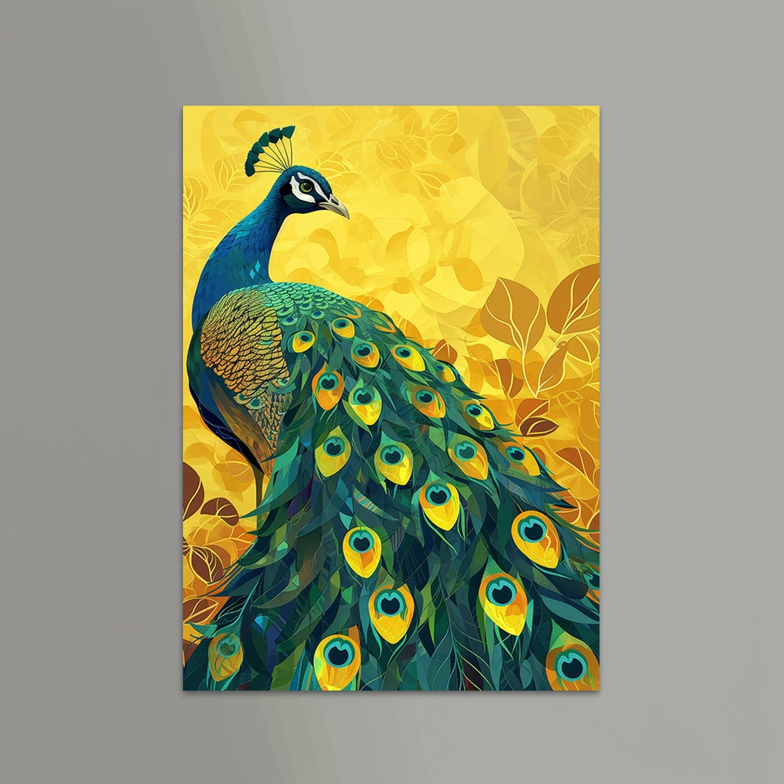 Emerald Green Peacock Displayed on a Golden Floral Background Poster - Image 6