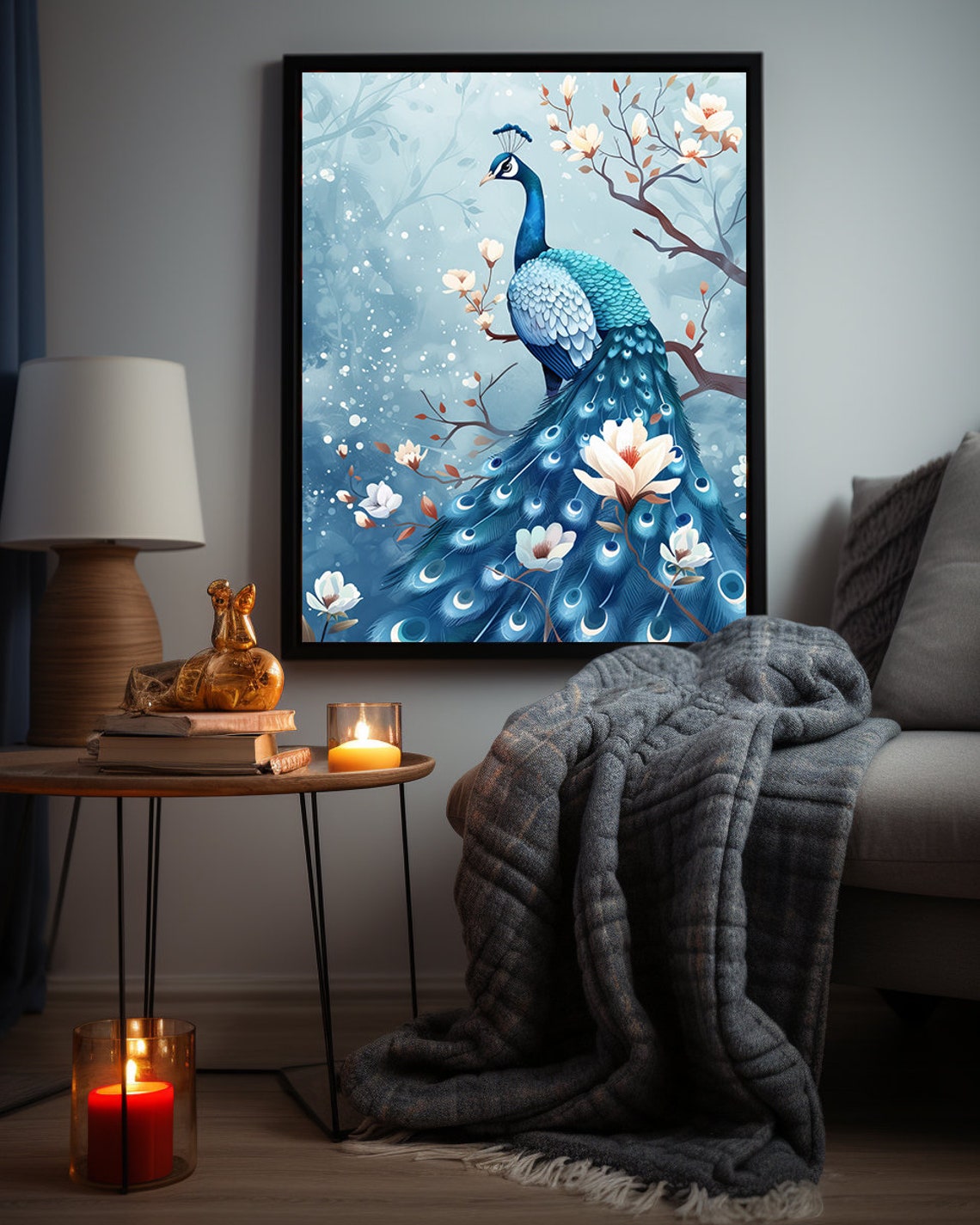 Blue Peacock Perched Among White Blossoms on a Winter Branch Poster - Image 7