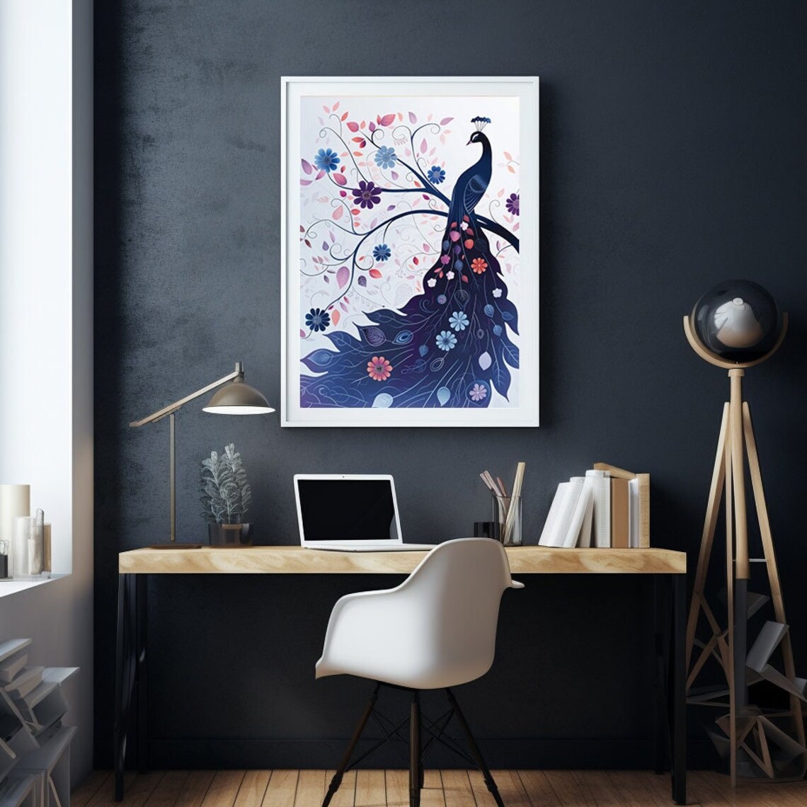 Indigo Peacock Silhouette Wrapped in Swirling Floral Vines Poster - Image 5