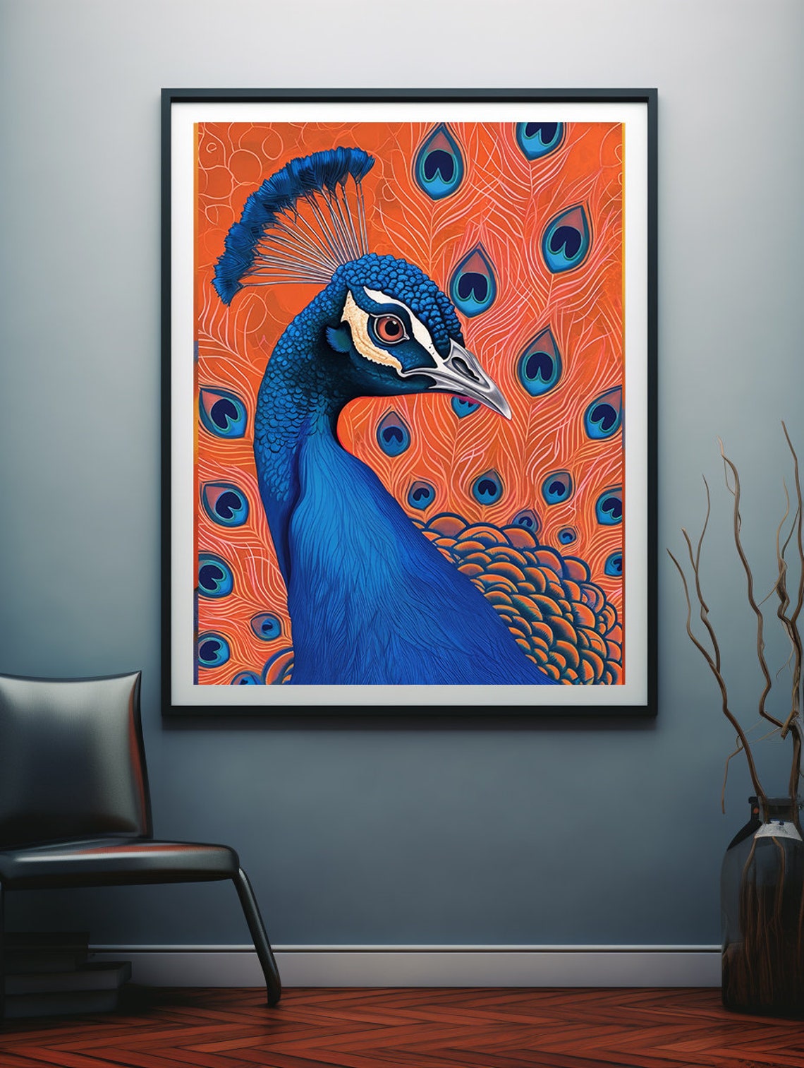 Vibrant Blue Peacock Head on a Fiery Orange Background Poster - Image 7