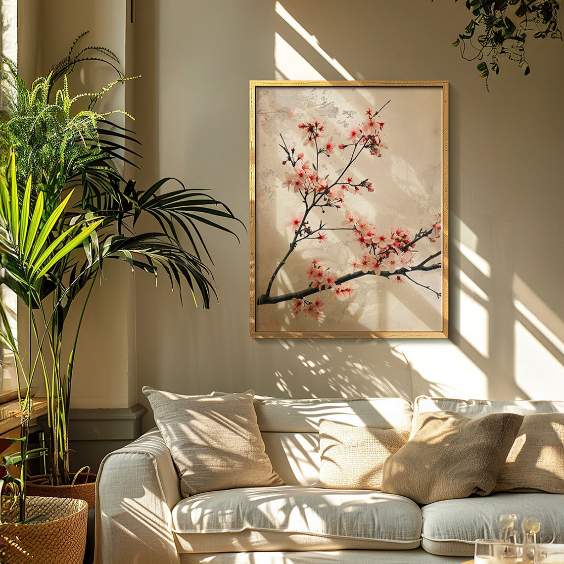 Delicate Pink Cherry Blossom Branch on Soft Vintage Paper Poster - Image 2