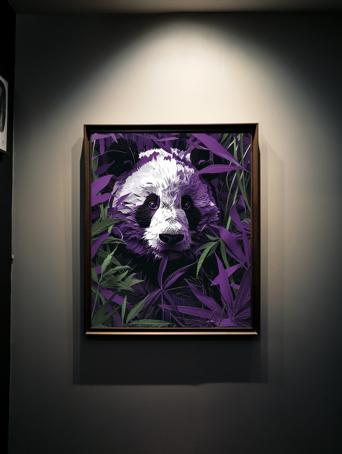 Paper Cut Panda Face Emerging from Purple Bamboo Leaves Poster - Image 5