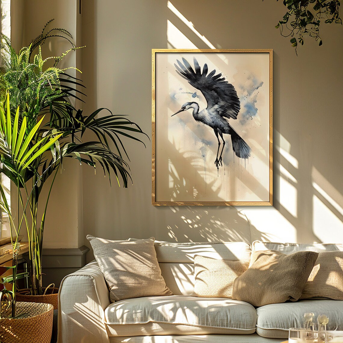 Great Crane in Flight in Soft Ink Wash Watercolor Style Poster - Image 2