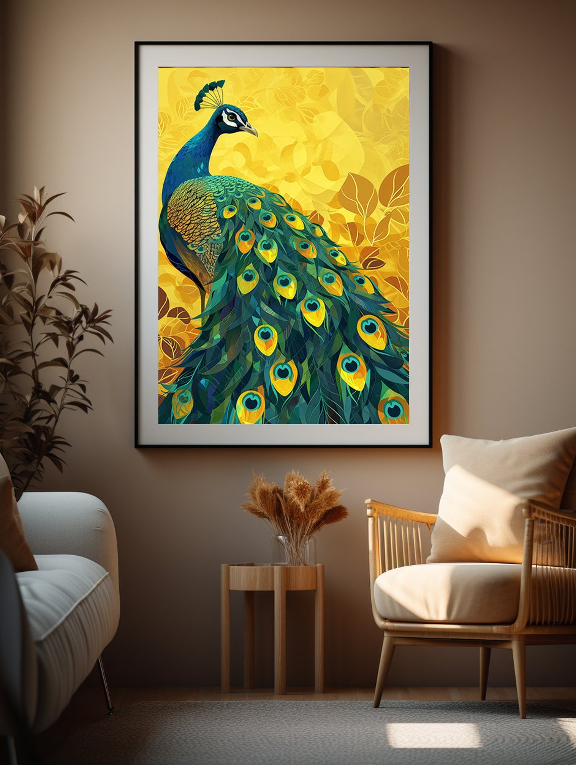 Emerald Green Peacock Displayed on a Golden Floral Background Poster - Image 2