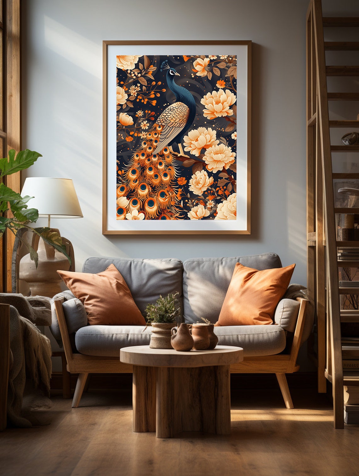 Peacock Among Cream Peonies and Blossoms on Dark Navy Poster - Image 2