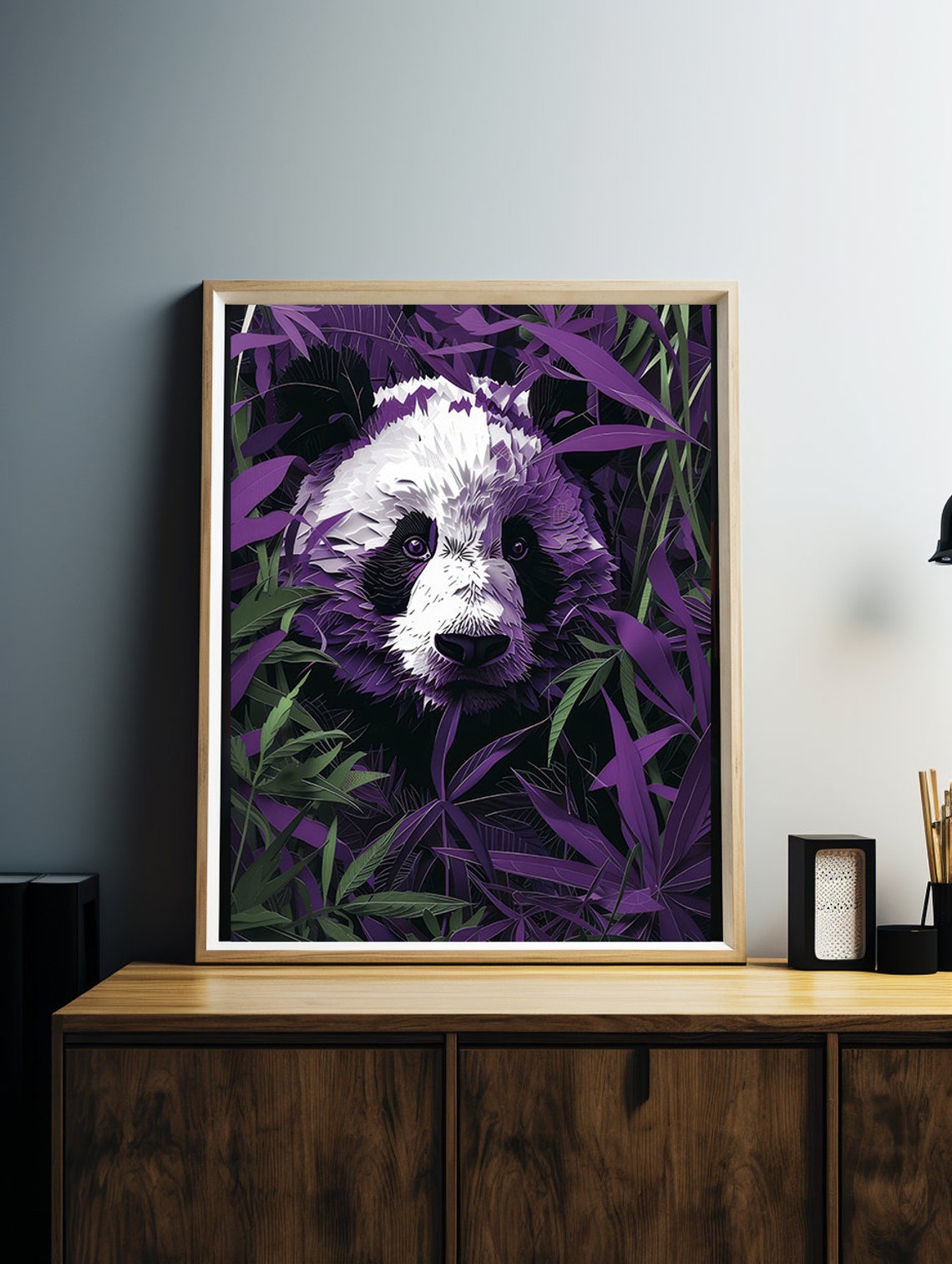 Paper Cut Panda Face Emerging from Purple Bamboo Leaves Poster - Image 3