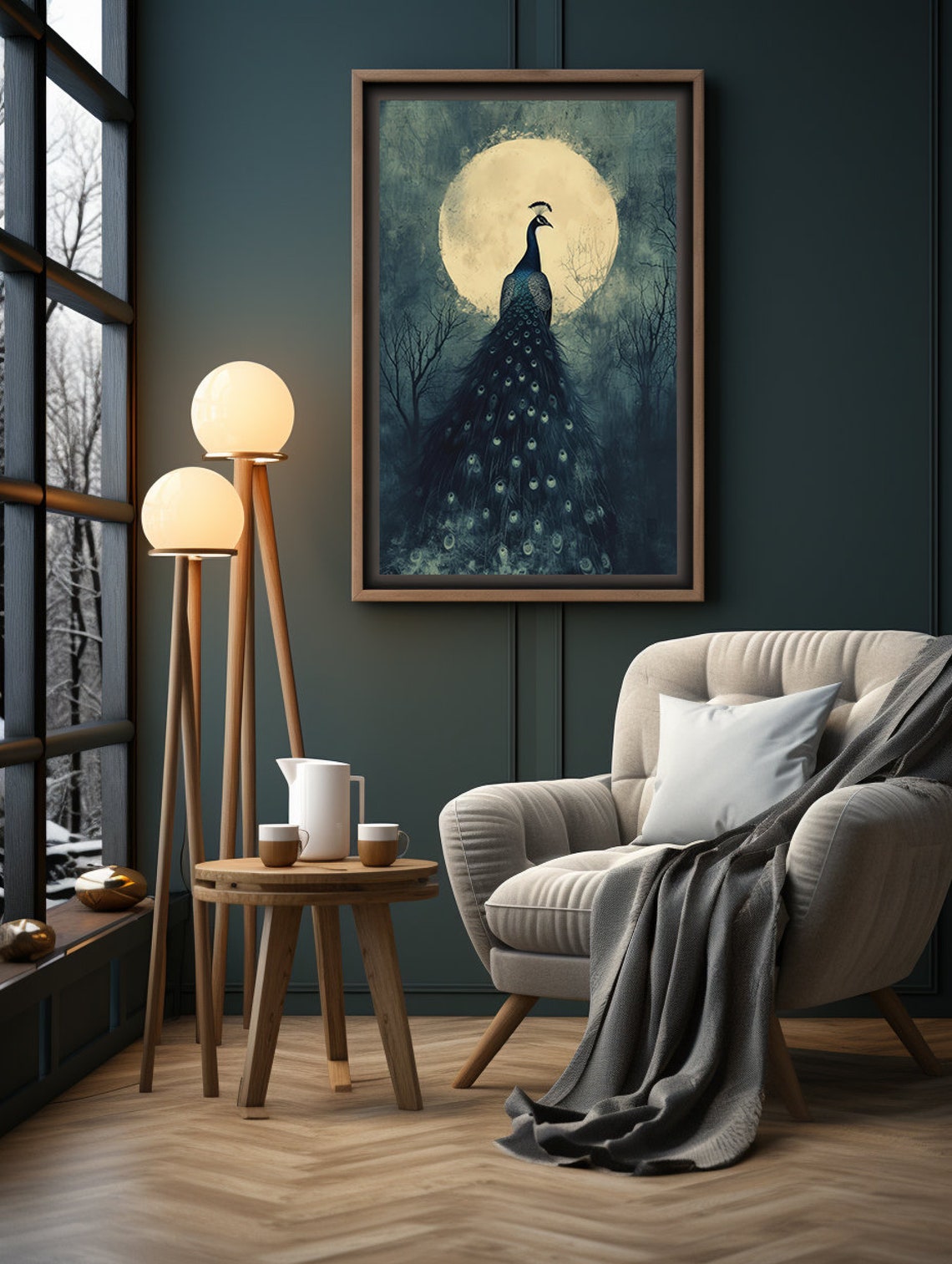 Dark Peacock Silhouette Standing Beneath a Glowing Full Moon Poster