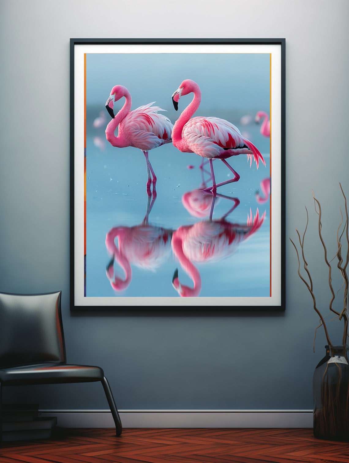 Two Elegant Pink Flamingos Reflected in Calm Turquoise Water Poster - Image 2