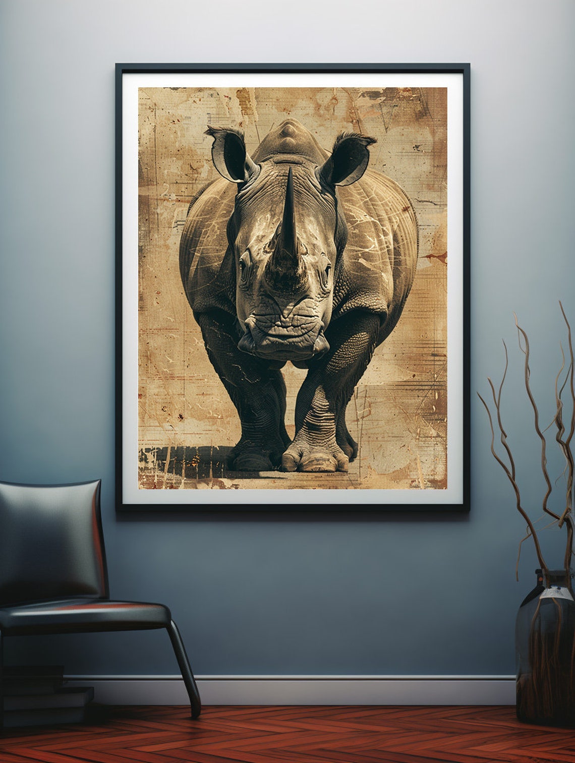 Charging Rhino Portrait on Weathered Vintage Parchment Poster - Image 5