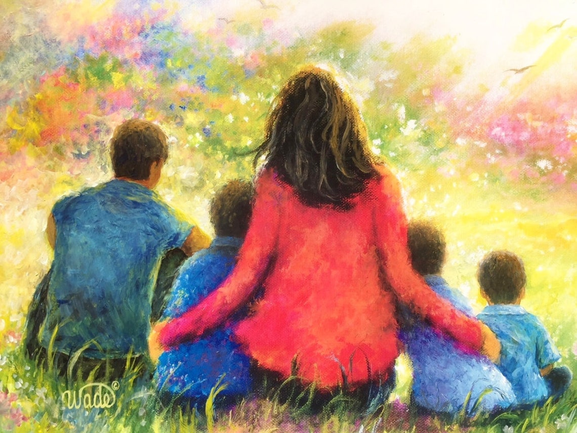 Mother With Her Four Young Sons Sitting In A Flower Garden Poster