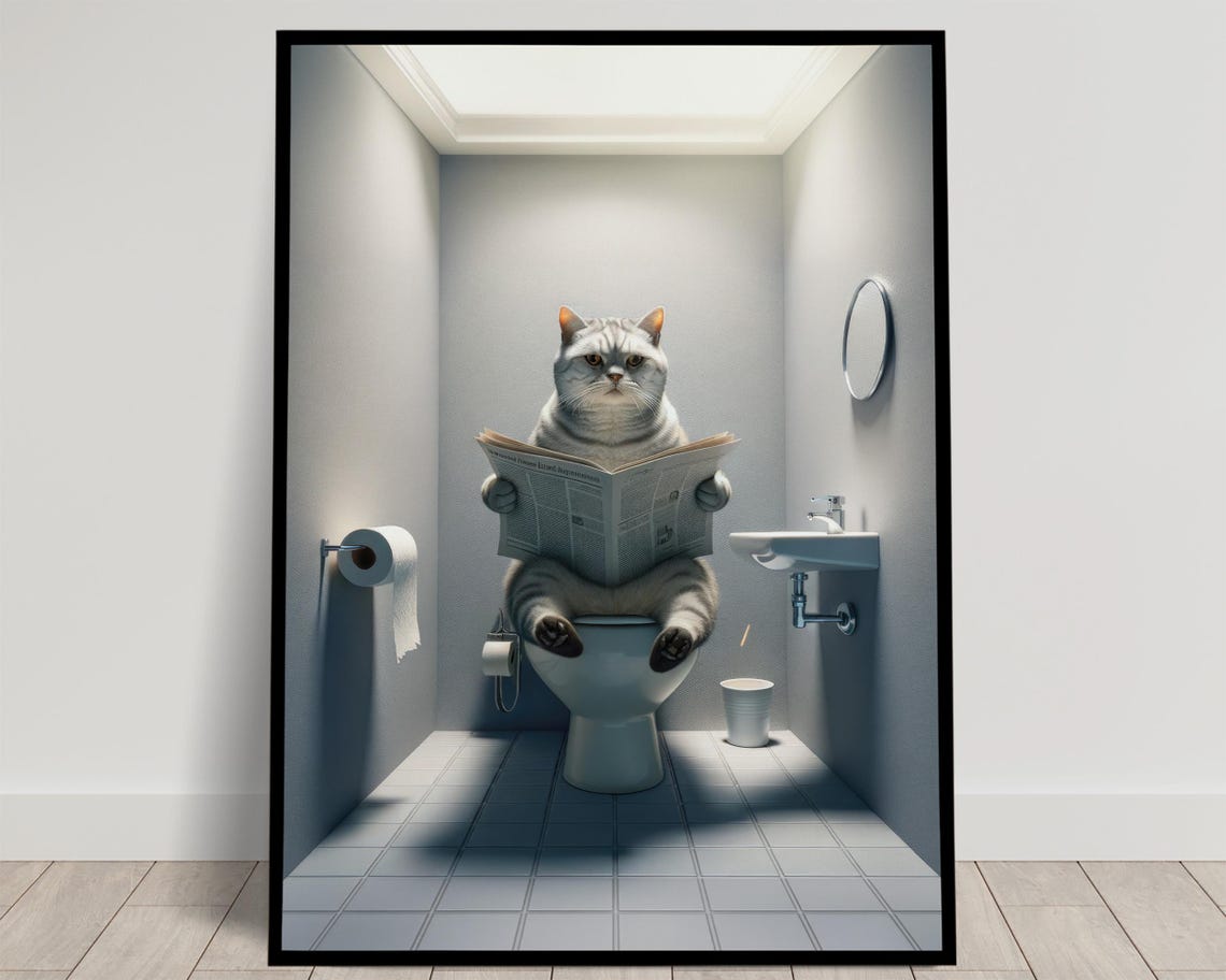 Silver Tabby British Shorthair Cat Newspaper Funny Art Poster